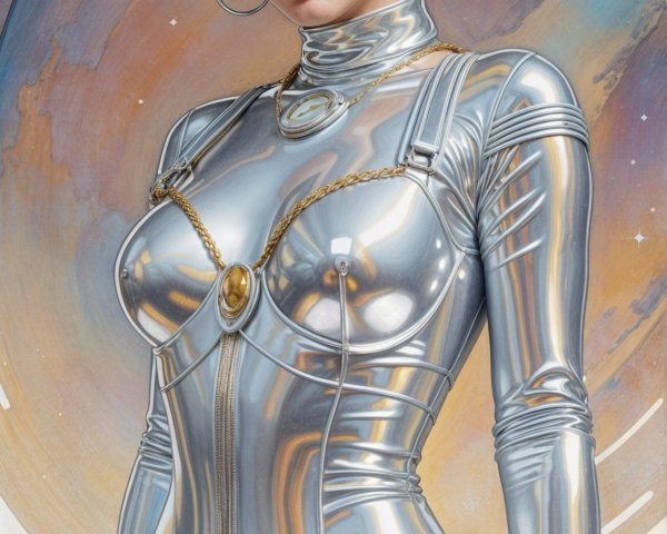 Futuristic figure in metallic bodysuit with galaxy backdrop