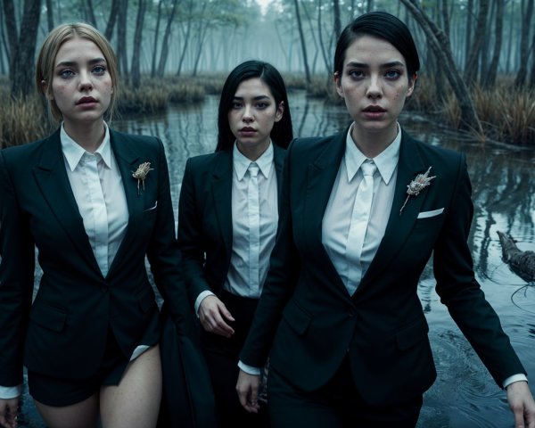 Women in Suits in a Misty Swamp Environment