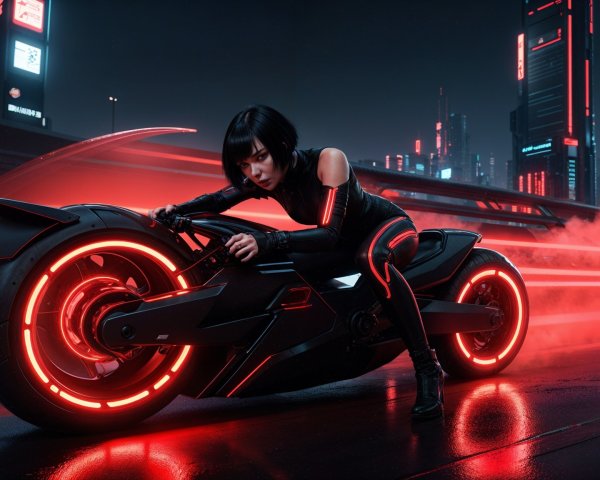 Futuristic Motorcycle in Neon Cityscape Scene
