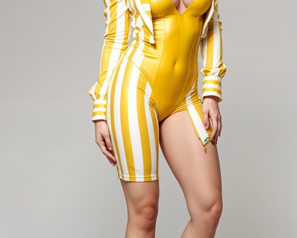 Woman in Yellow Striped Bodysuit with Blue Hair Pigtails