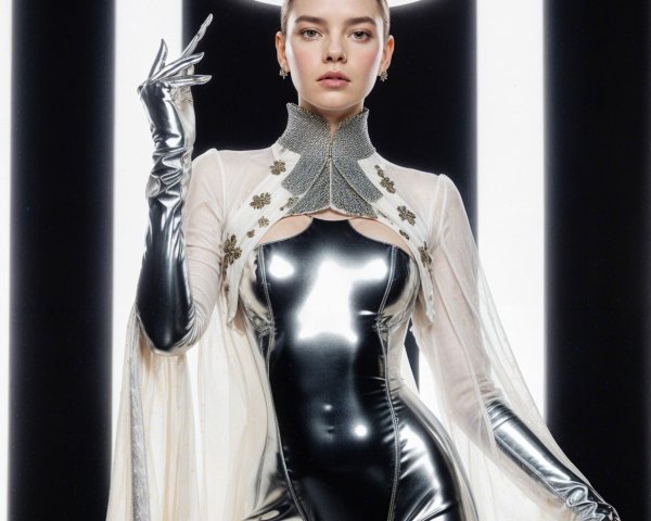 Stylish figure in metallic bodysuit with flowing cape