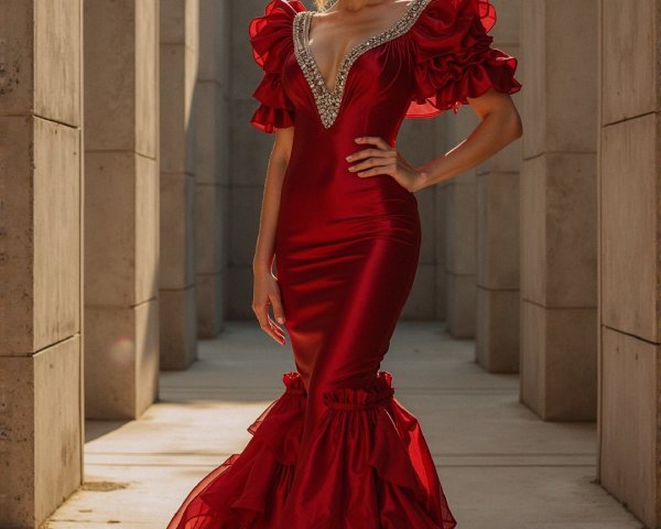 Elegant Red Dress with Puff Sleeves and Ruffles