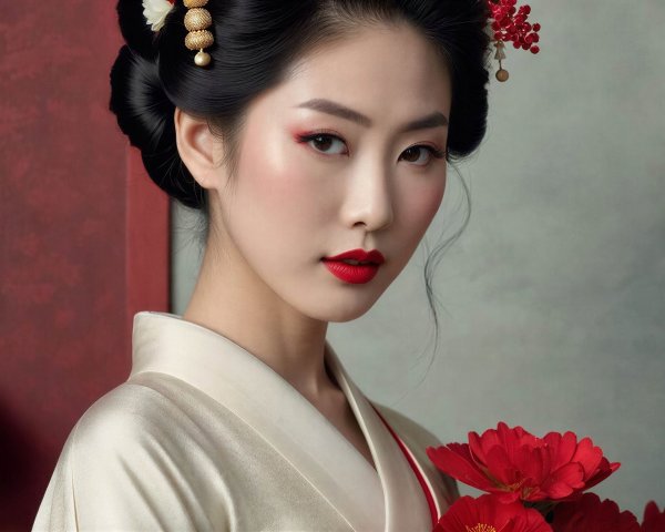 Asian Woman with Decorative Hairpins and Bun Hairstyle