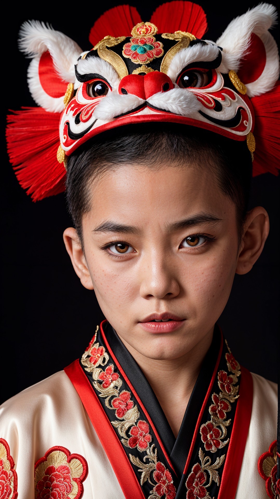 Young Performer in Vibrant Traditional Outfit and Headdress