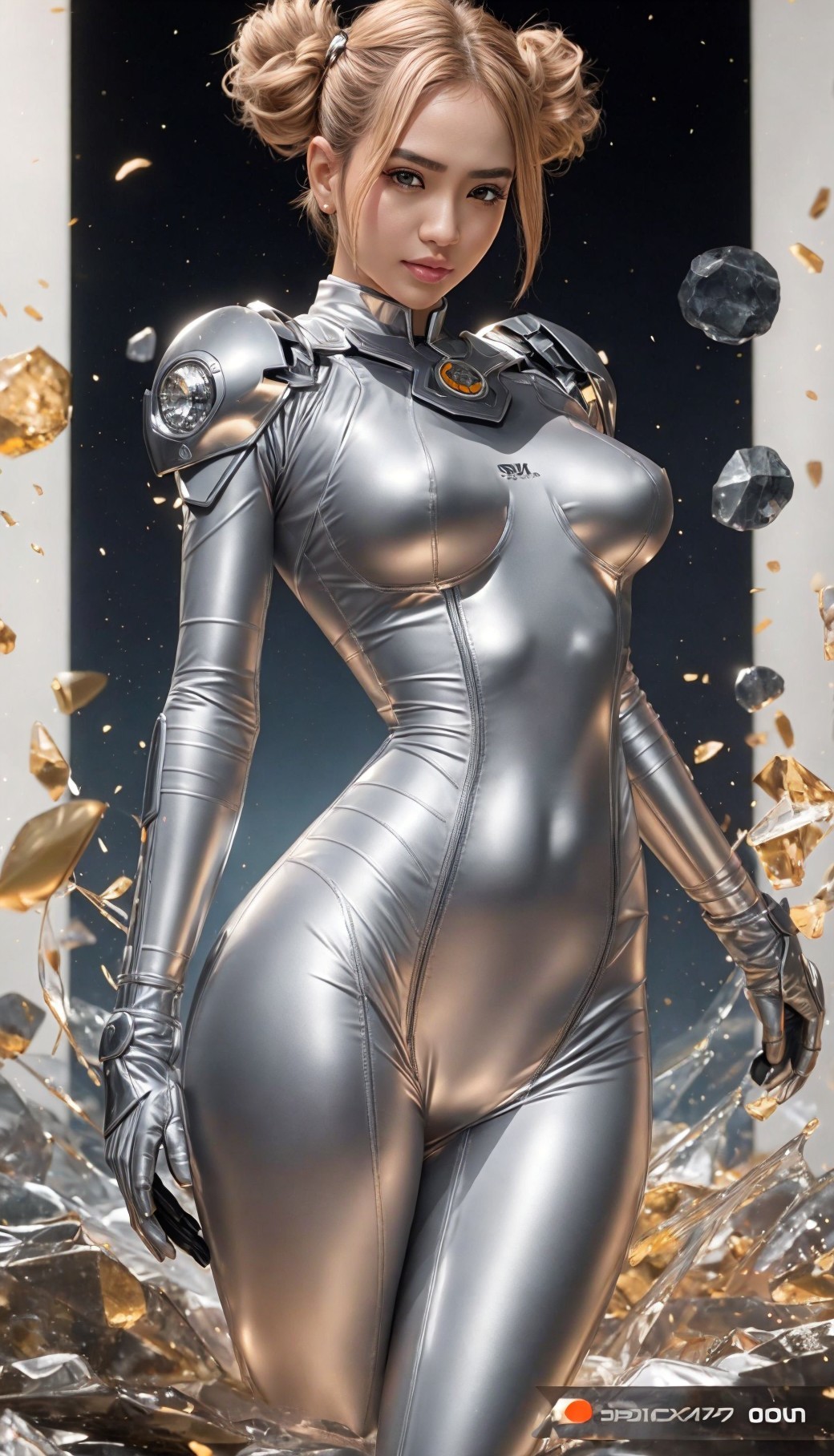 Futuristic Character in Silver Bodysuit with Geometric Background