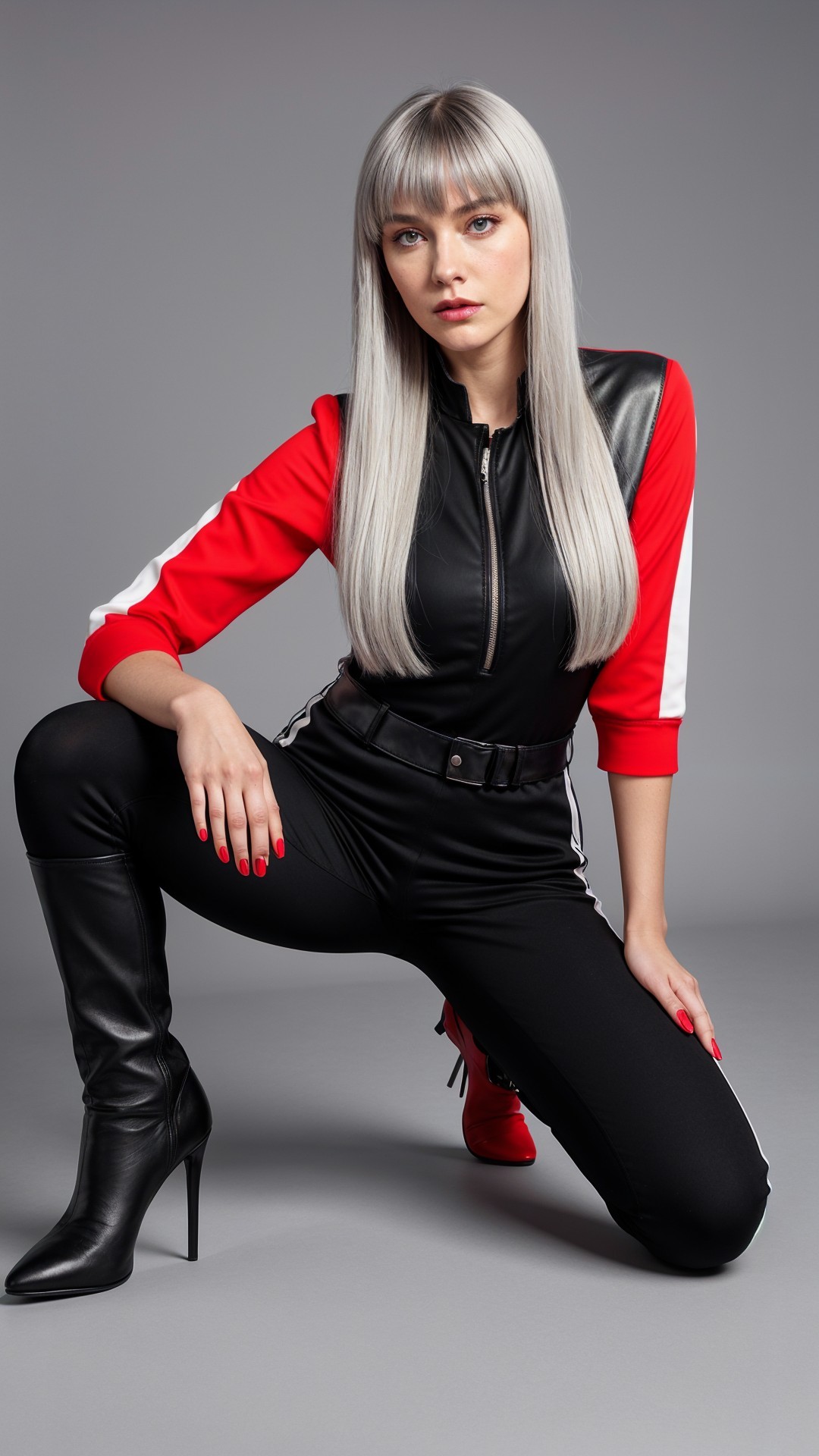 Stylish Model in Black and Red Jumpsuit with Boots