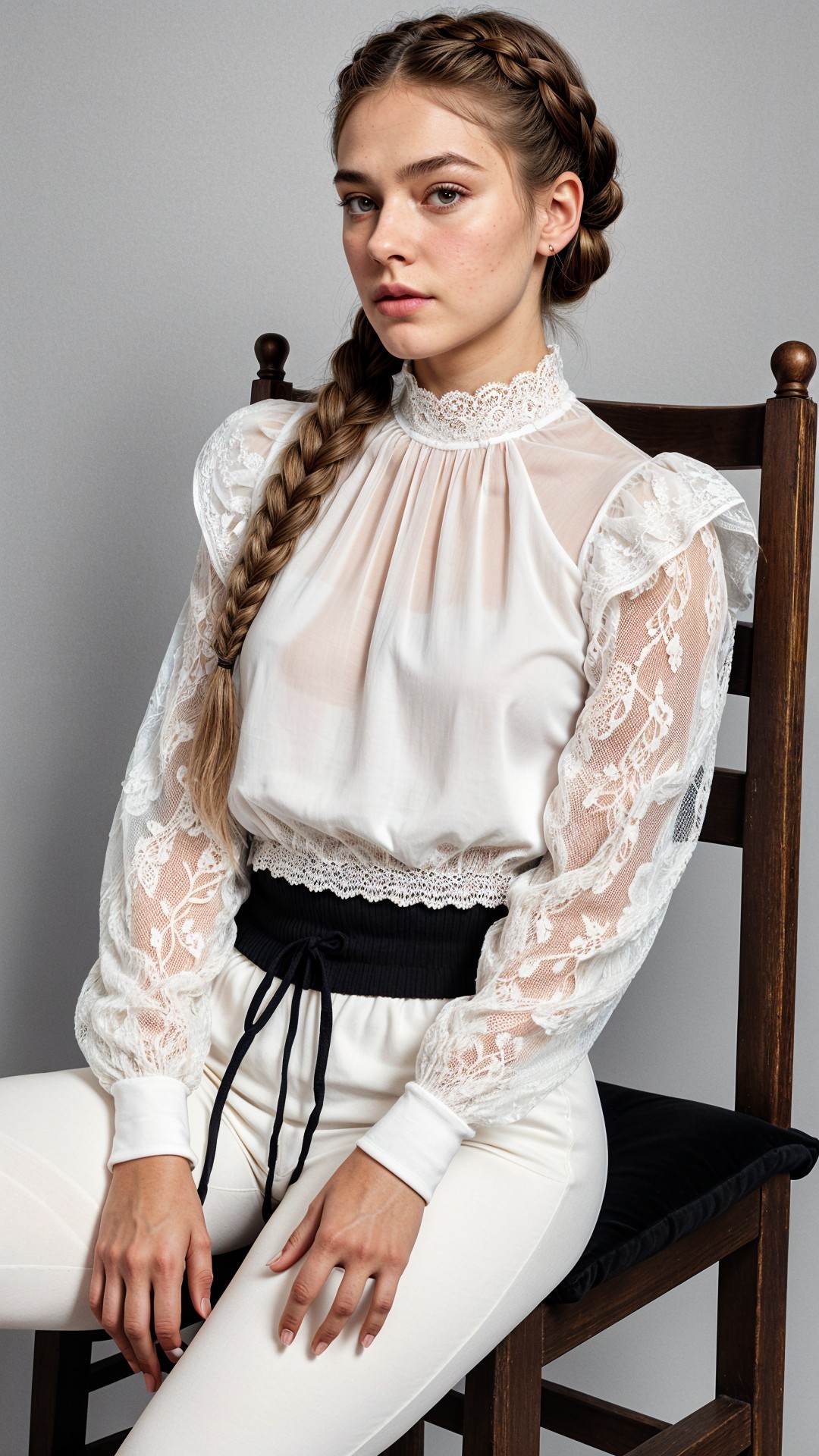 Elegant young woman in lace blouse and black pants