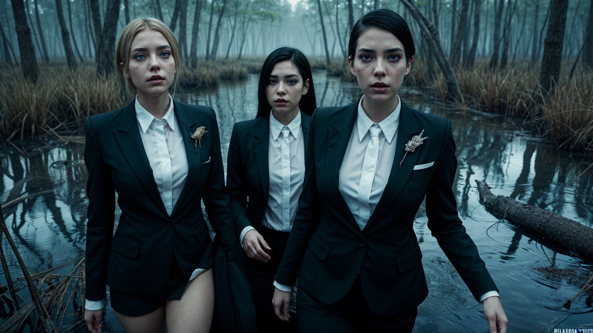 Women in Suits in a Misty Swamp Environment