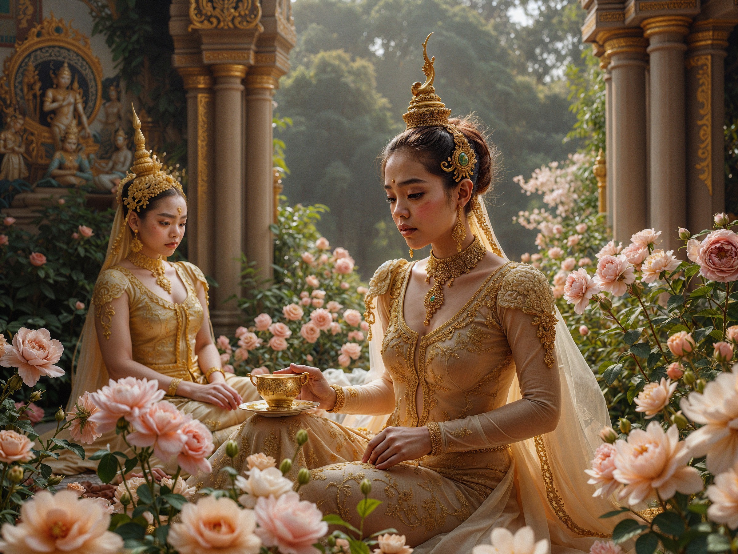 Elegant women in golden garments in a rose garden