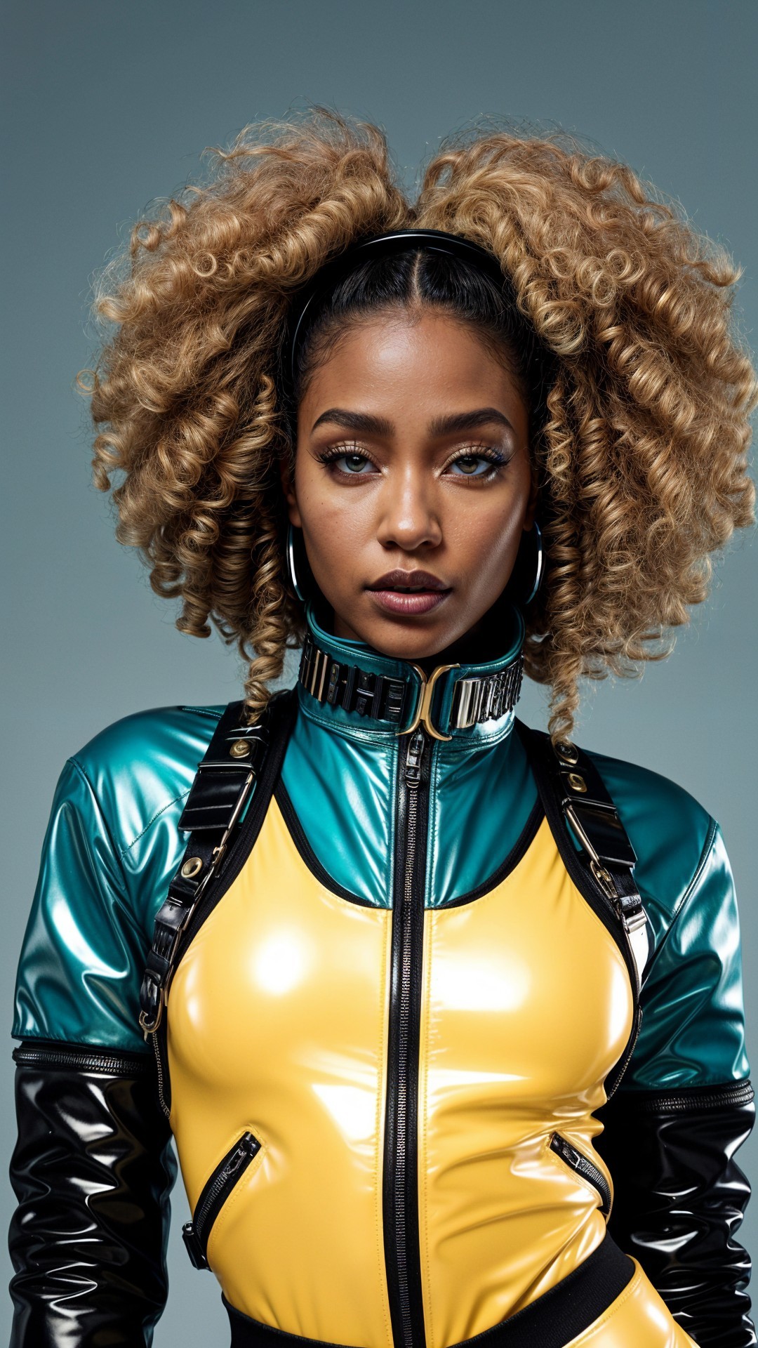 Stylish Young Woman in Bold Outfit with Curly Hair
