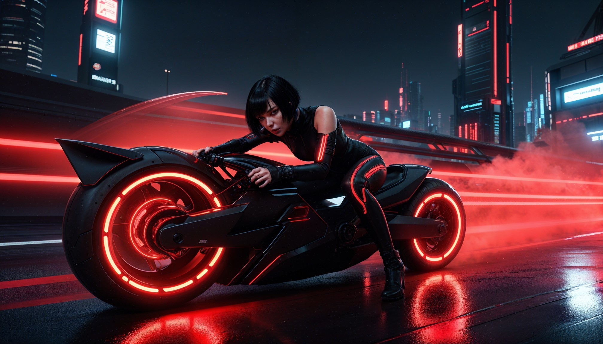 Futuristic Motorcycle in Neon Cityscape Scene