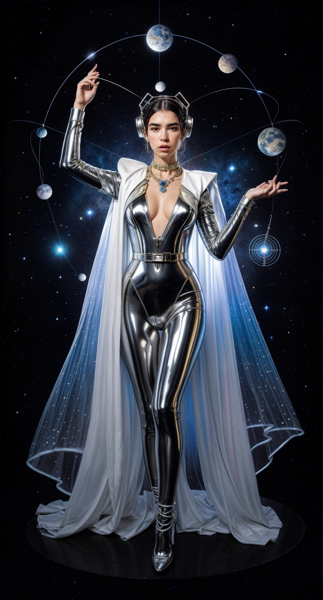 Futuristic figure in metallic bodysuit against cosmos