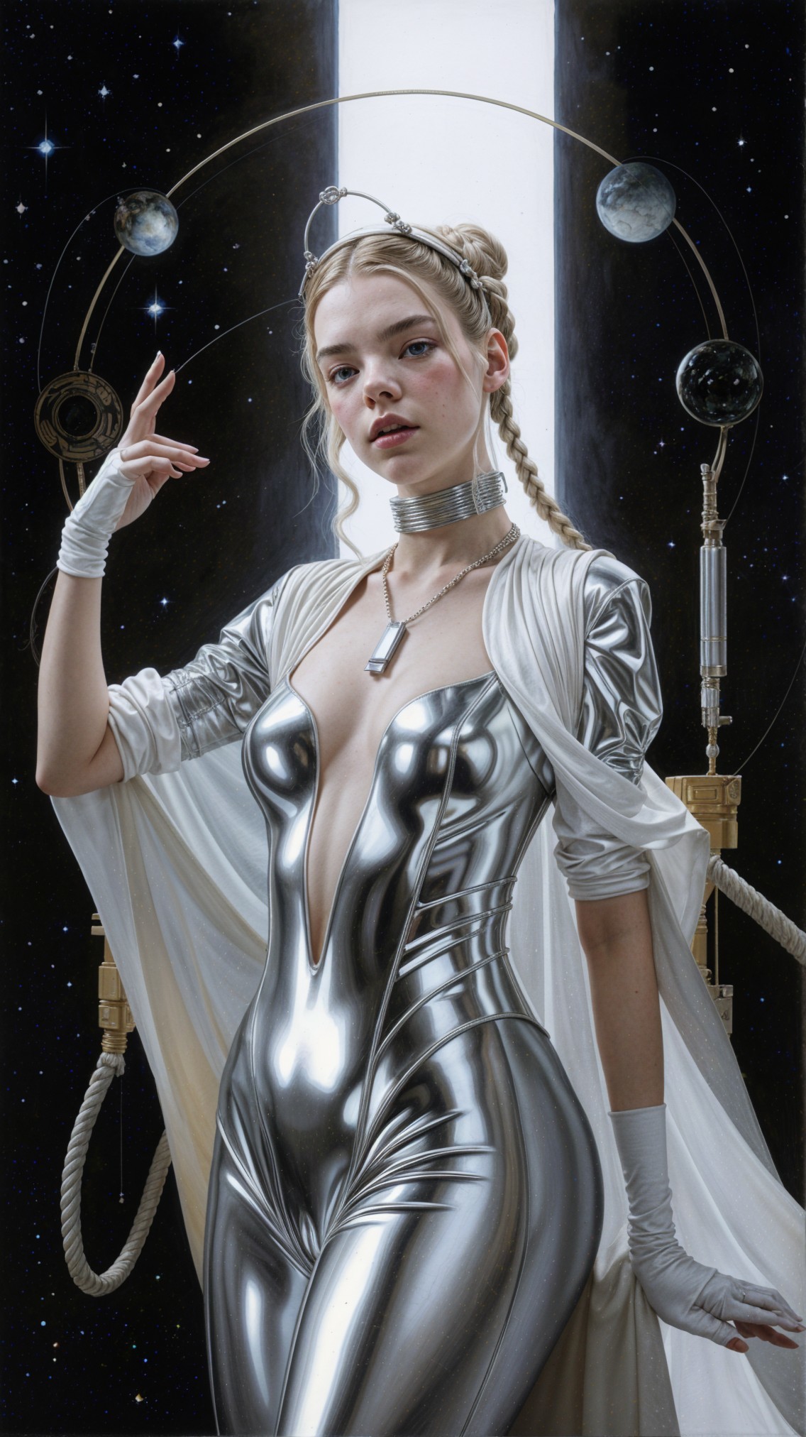 Futuristic Figure in Silver Bodysuit Against Cosmos
