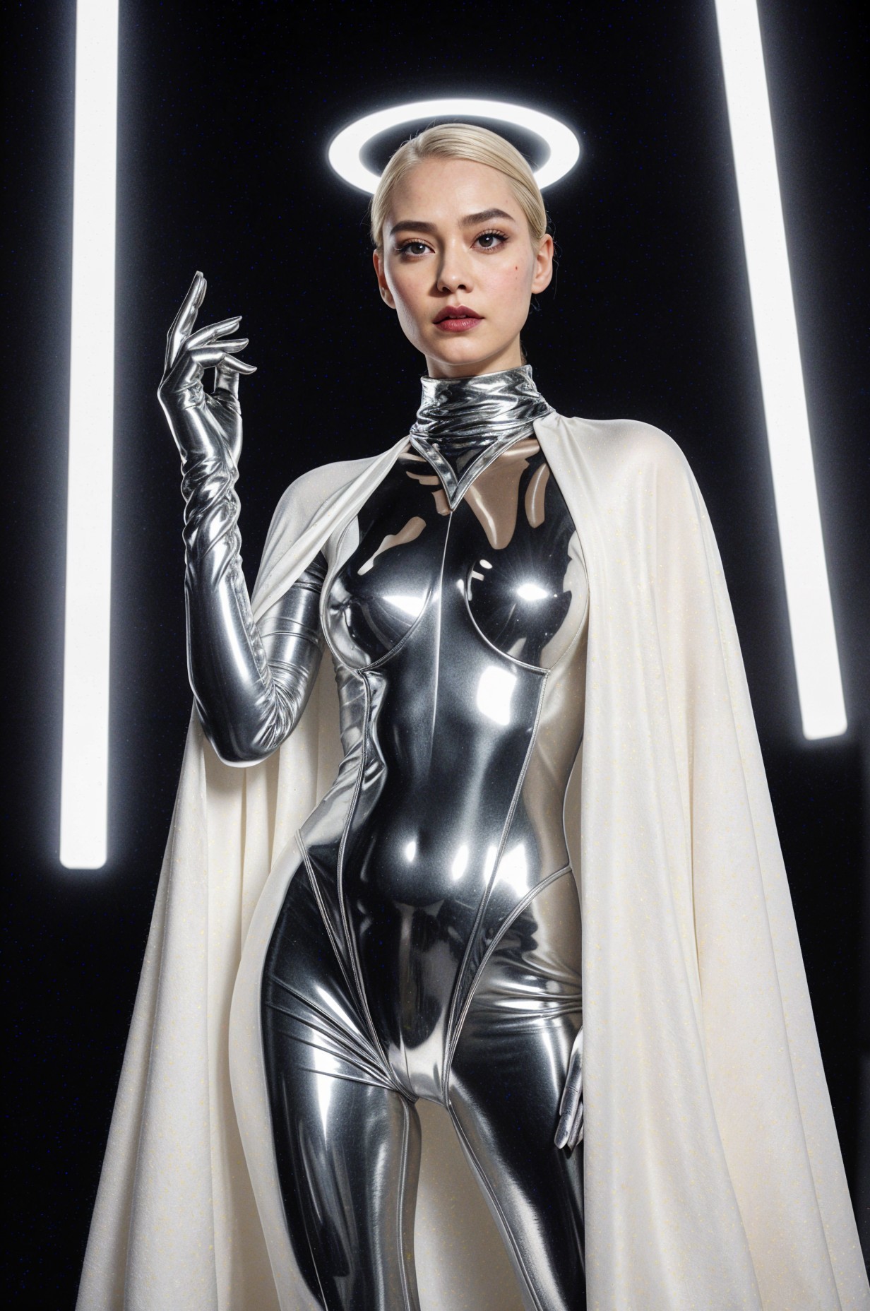 Futuristic Figure in Silver Bodysuit with Halo