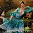 Elegant Woman in Turquoise Gown on Golden Sofa