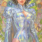 Futuristic Figure in Silver Bodysuit with Clockwork Background