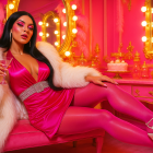 Elegant Woman in Burgundy Dress on Pink Couch