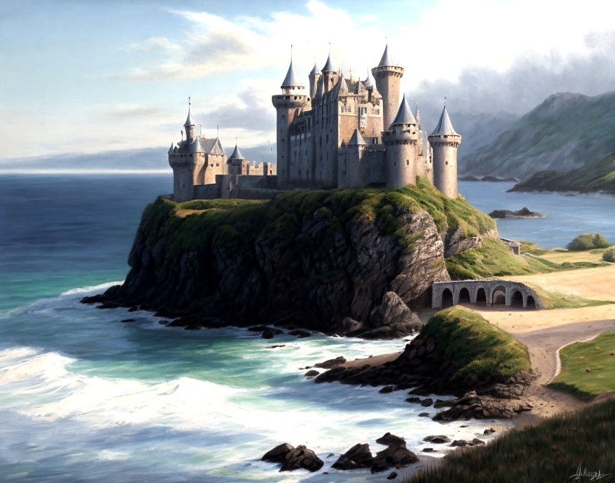 Majestic castle on craggy cliff above turbulent sea