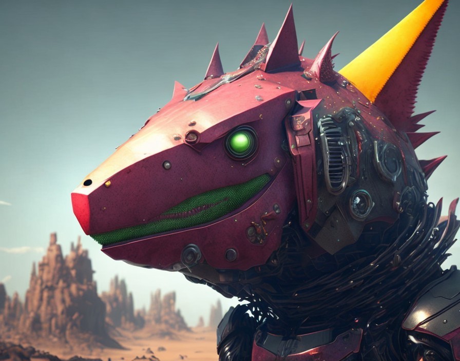 Detailed close-up of maroon-headed mechanical dragon with green eye & colorful spikes