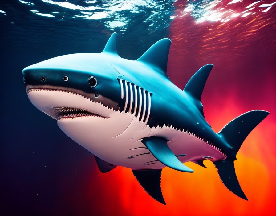 Digital artwork: Stylized shark in warm ocean background
