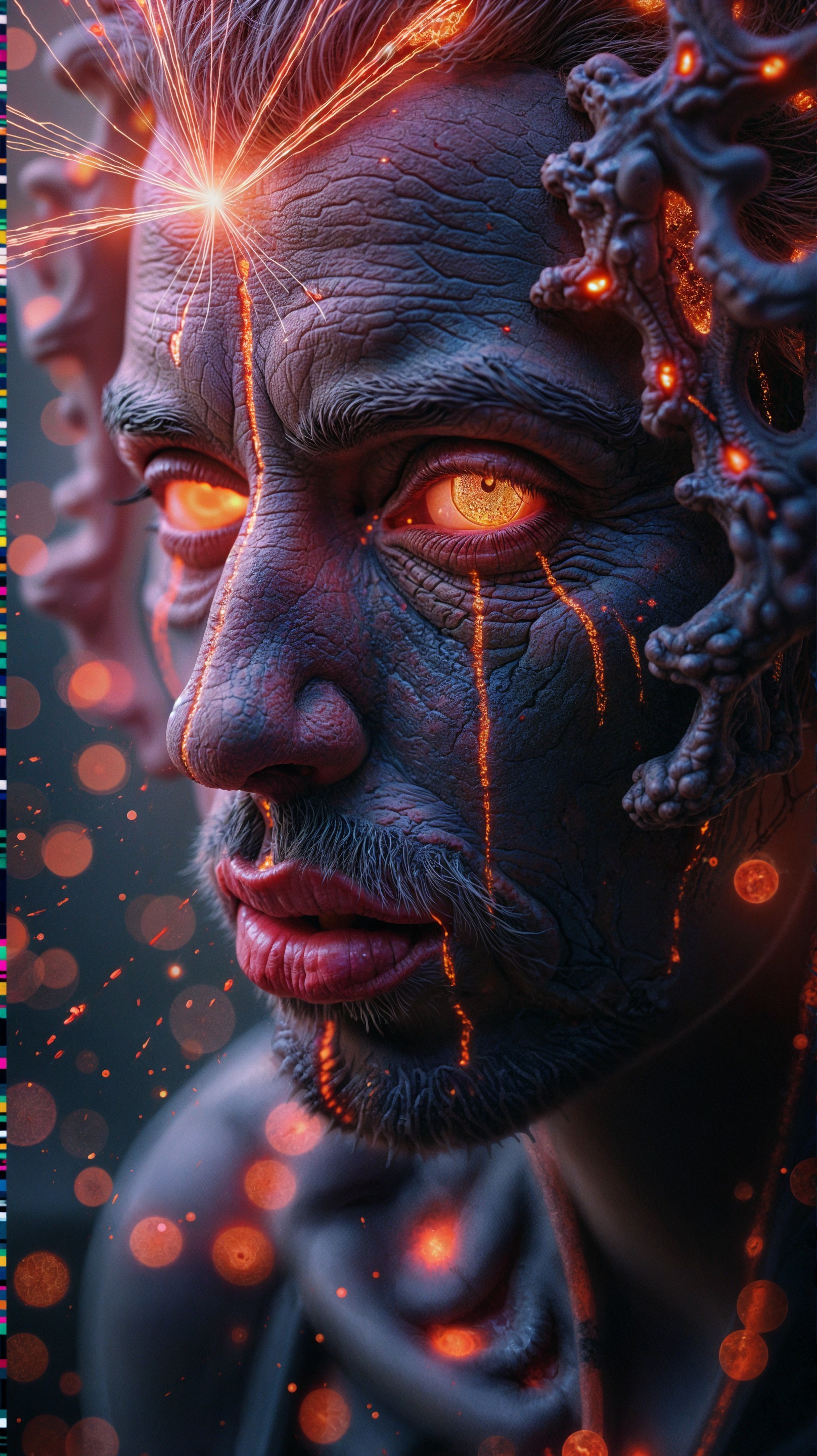 Portrait of a man with volcanic rock-like skin features