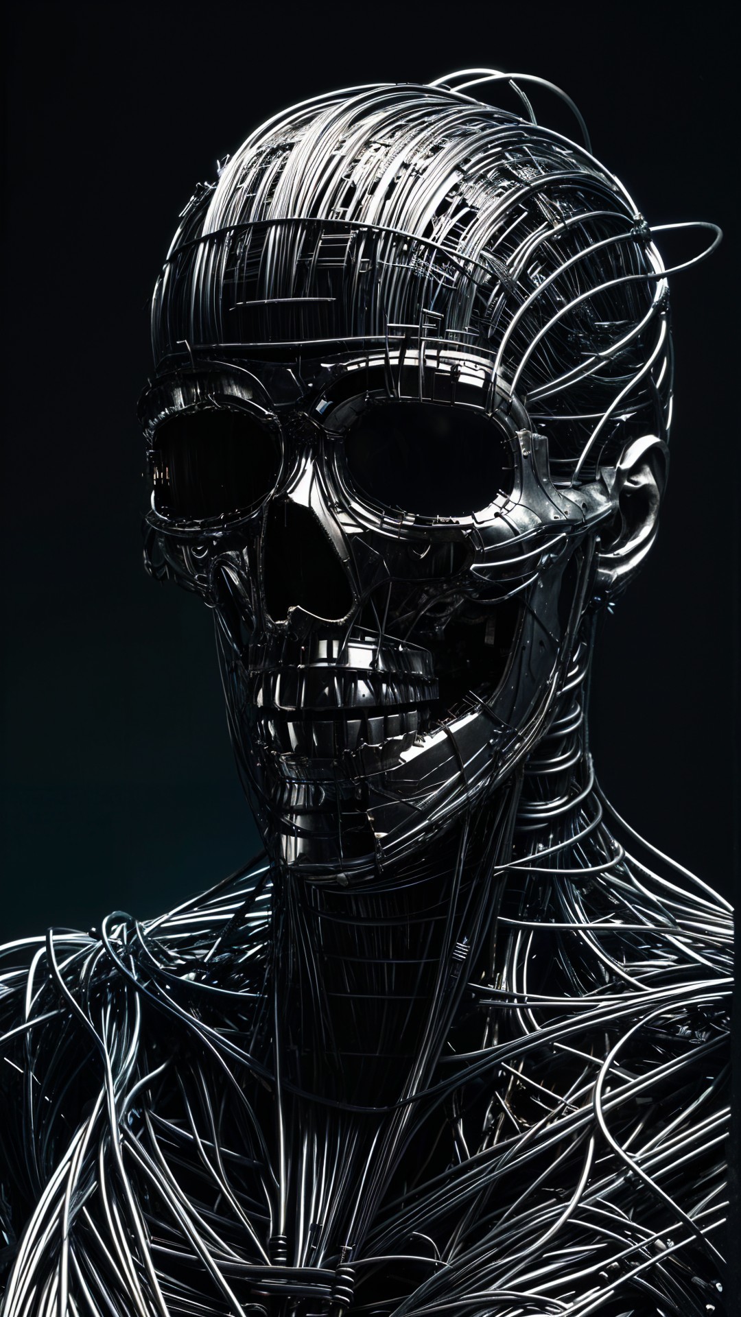 Metallic Humanoid Skull with Intricate Wire Structures