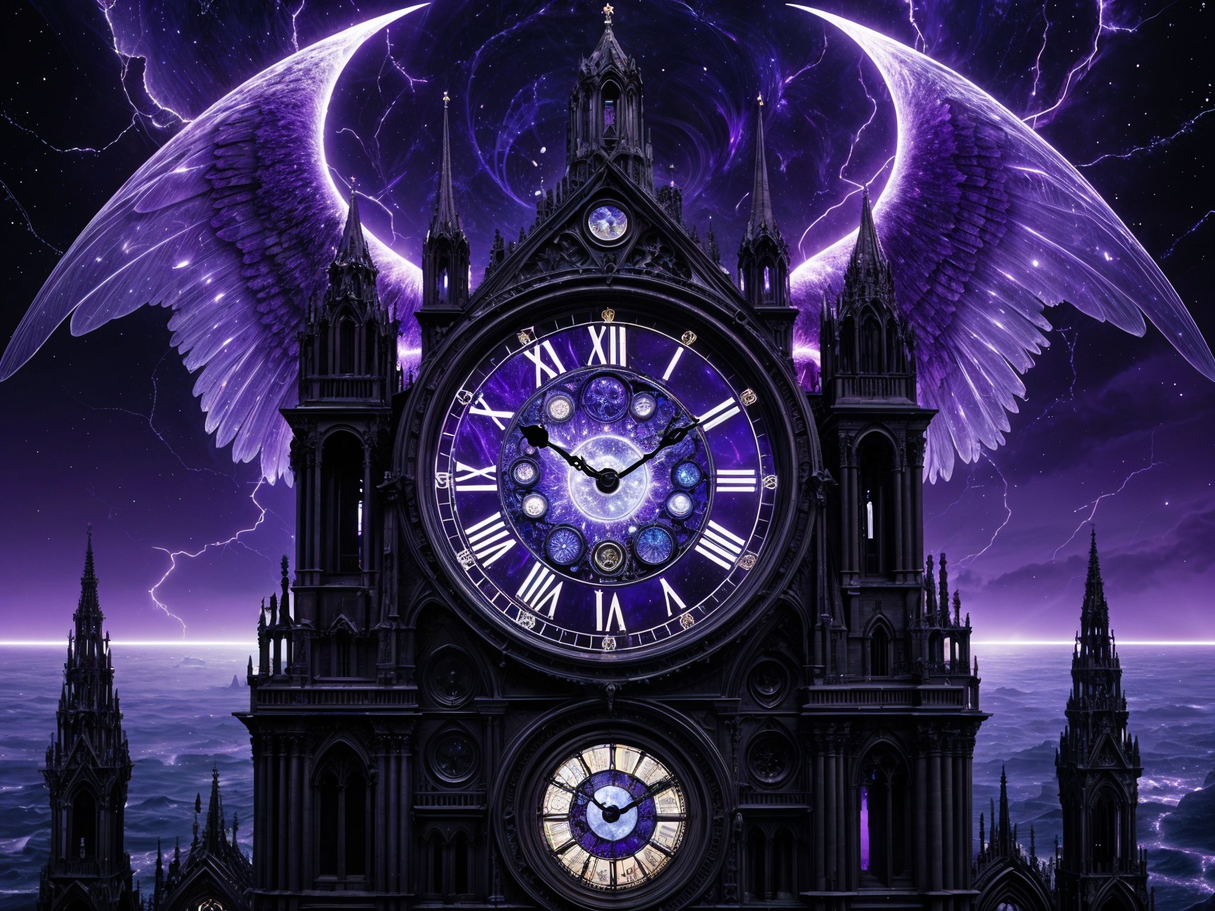 Ornate Clock Tower with Celestial Backdrop and Wings