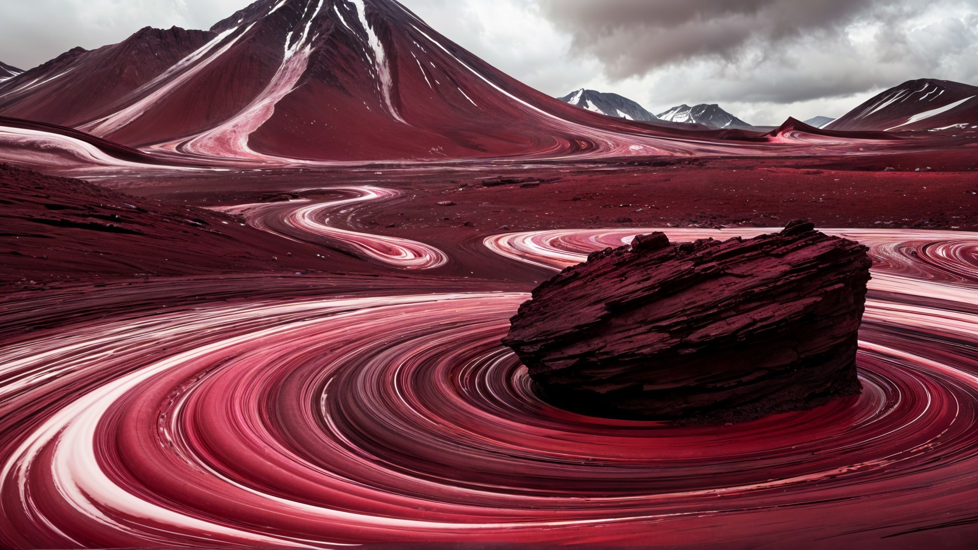 Surreal Landscape with Red Hues and Mountains