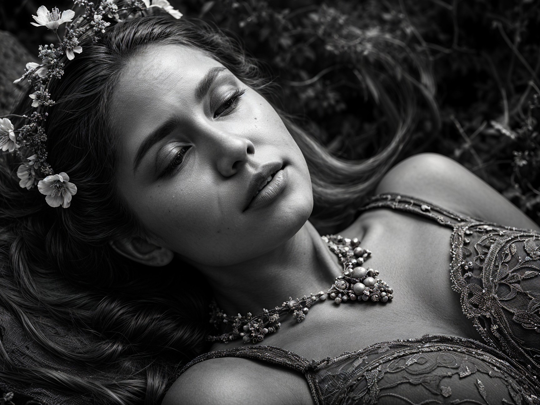 Black and White Portrait of a Young Woman in Nature