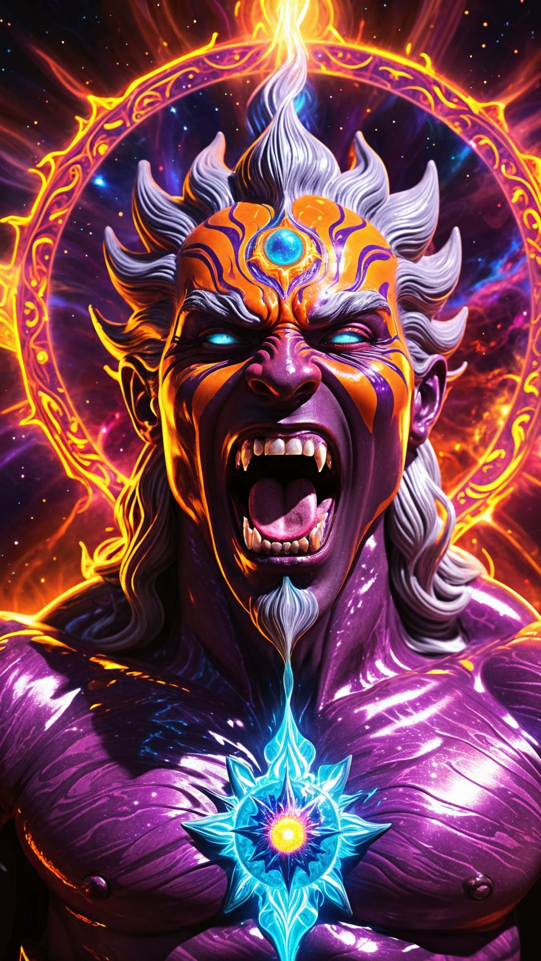 Mythical figure with purple skin and cosmic halo