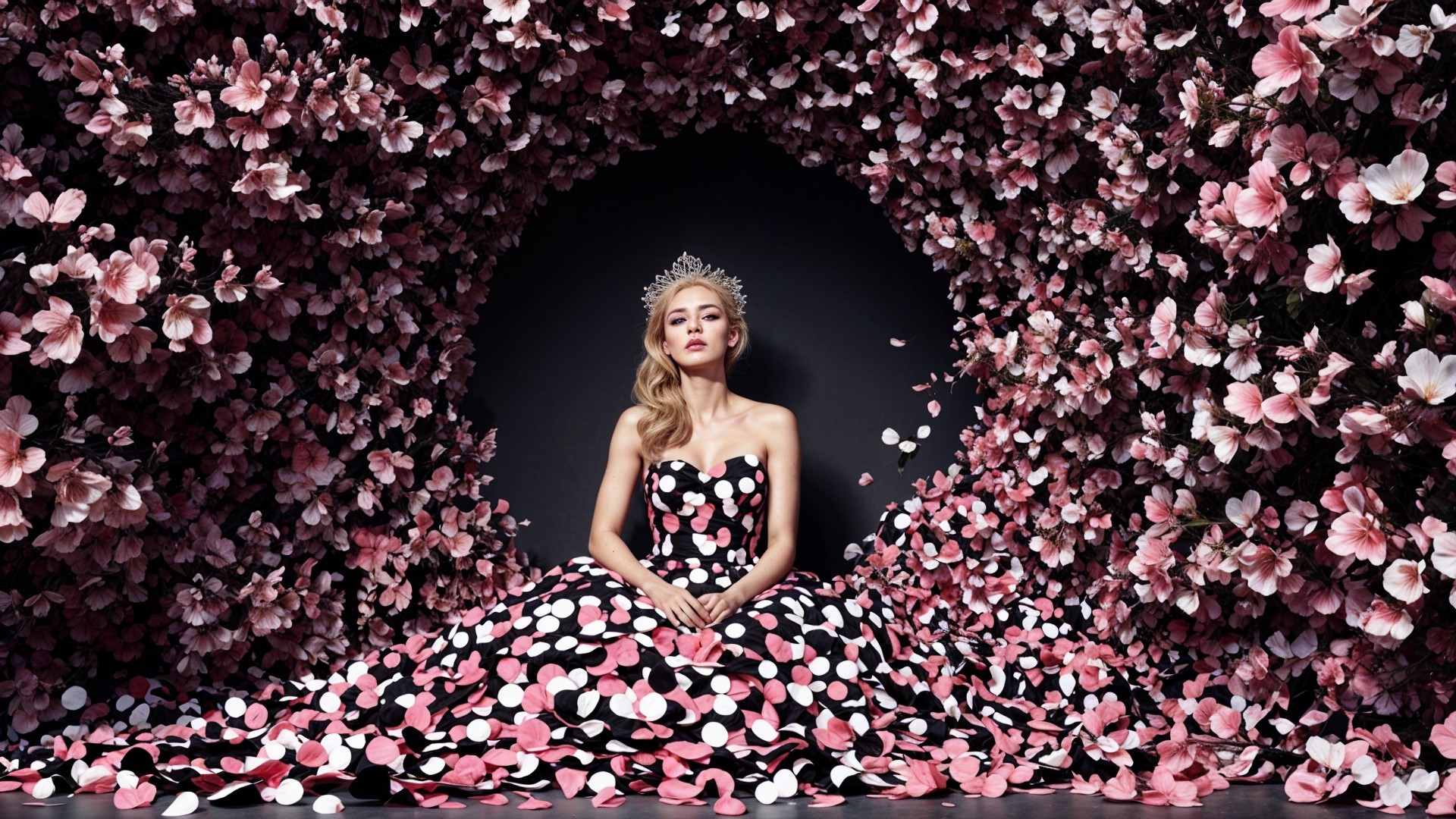 Elegant figure in black gown among vibrant flowers