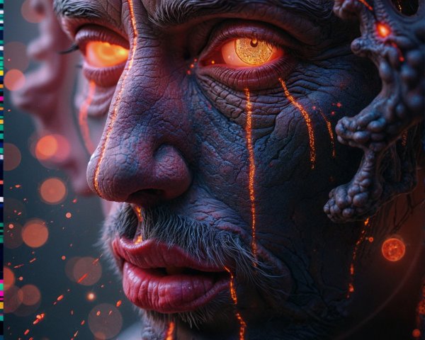 Portrait of a man with volcanic rock-like skin features