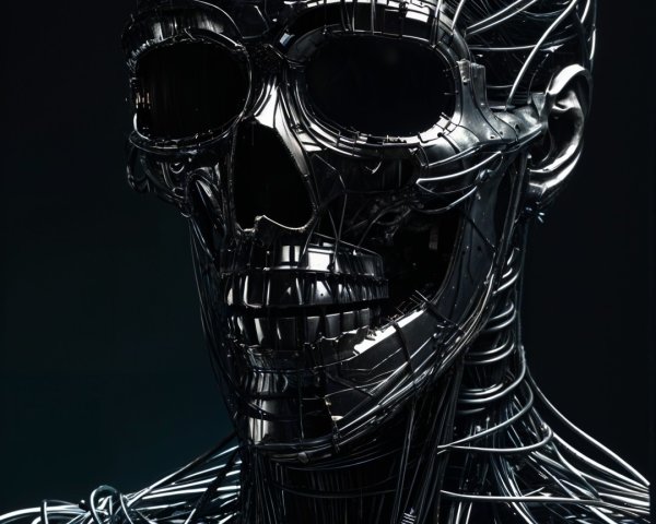 Metallic Humanoid Skull with Intricate Wire Structures