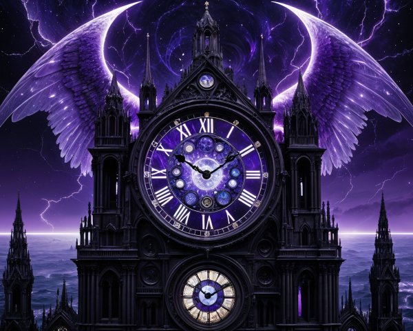 Ornate Clock Tower with Celestial Backdrop and Wings