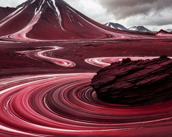 Surreal Landscape with Red Hues and Mountains