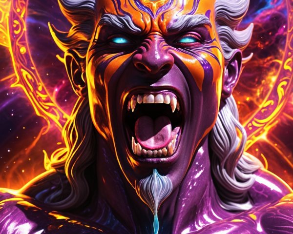 Mythical figure with purple skin and cosmic halo