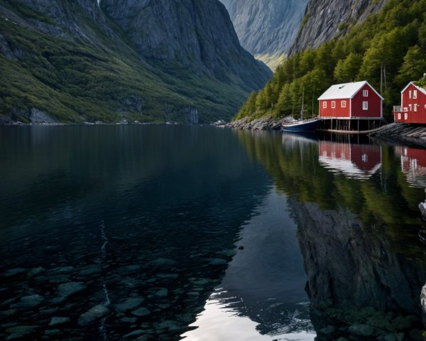 Serene fjord with mountains and red cabins reflection