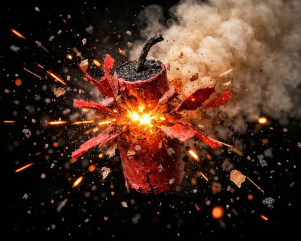 Exploding Red Firecracker with Smoke and Sparks