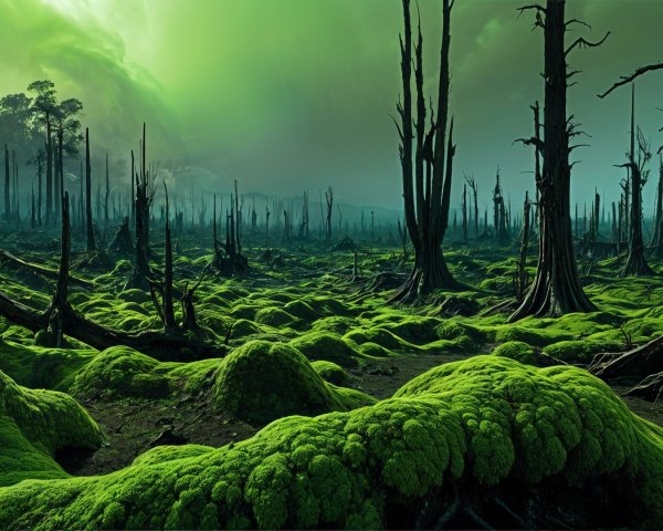 Haunting Landscape with Twisted Trees and Moss