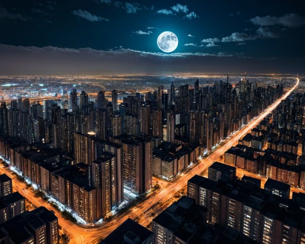 Illuminated Night Cityscape with Skyscrapers and Moon