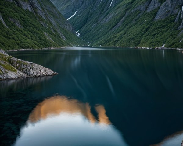 Serene Mountain Valley with Calm Blue Lake at Dusk