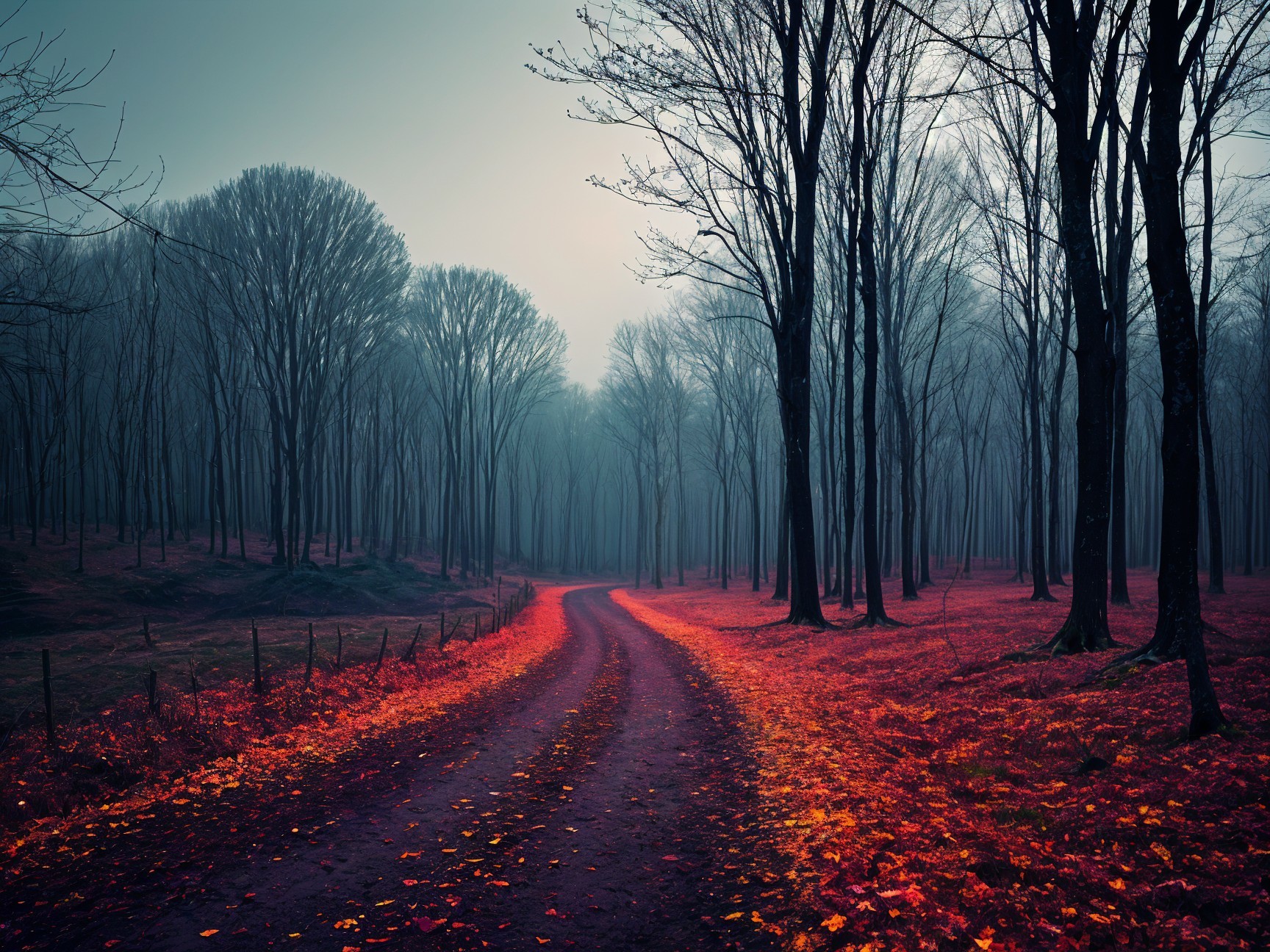 Winding Path in a Misty Autumn Forest Landscape