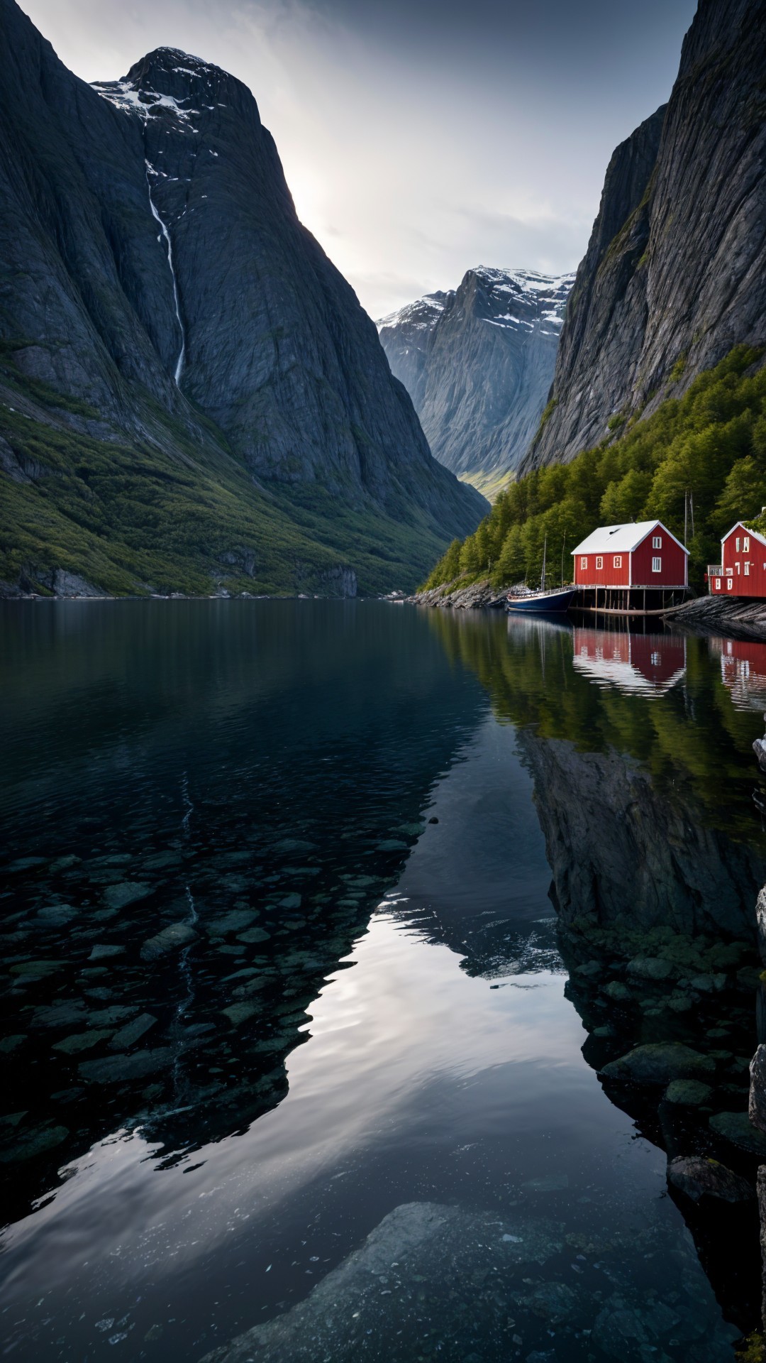 Serene fjord with mountains and red cabins reflection