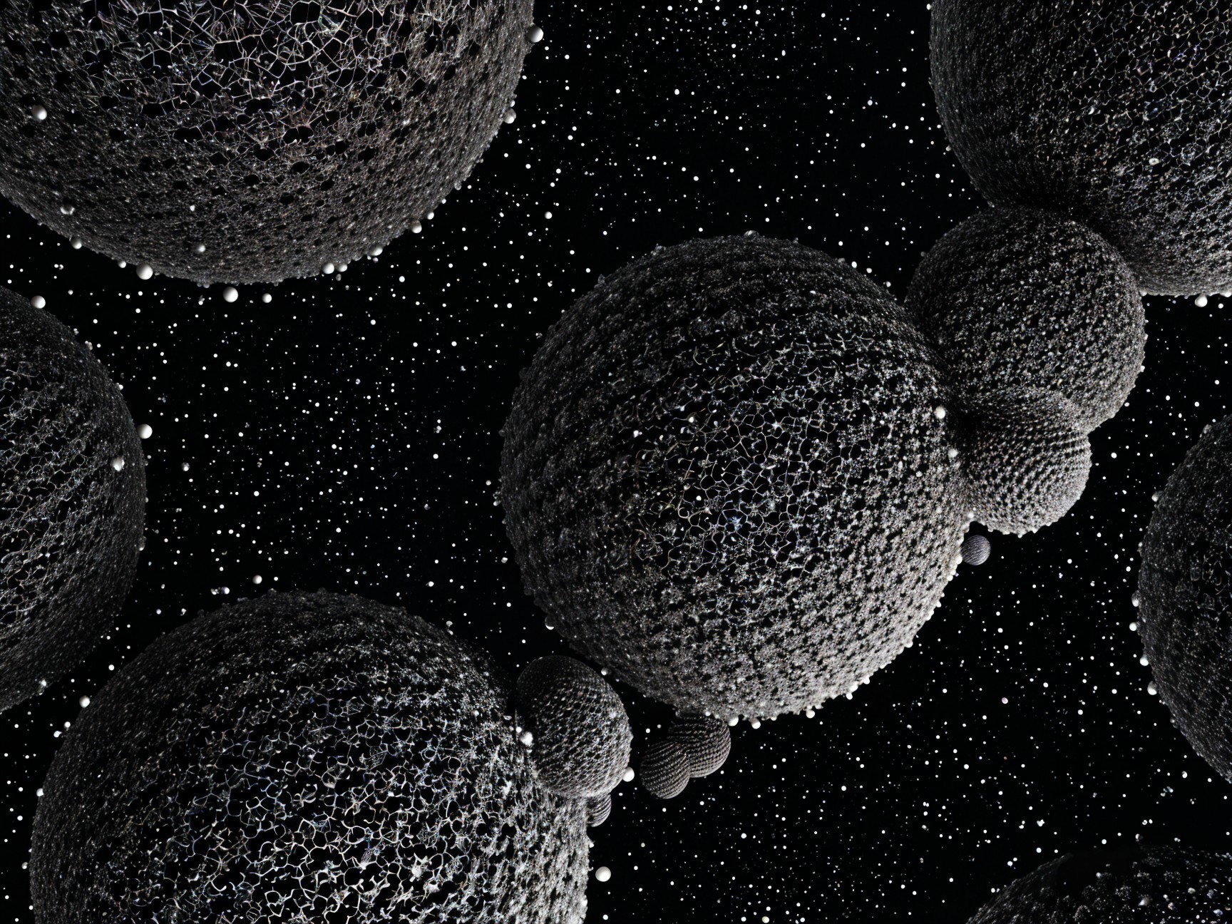 Cosmic Scene with Interconnected Textured Spheres