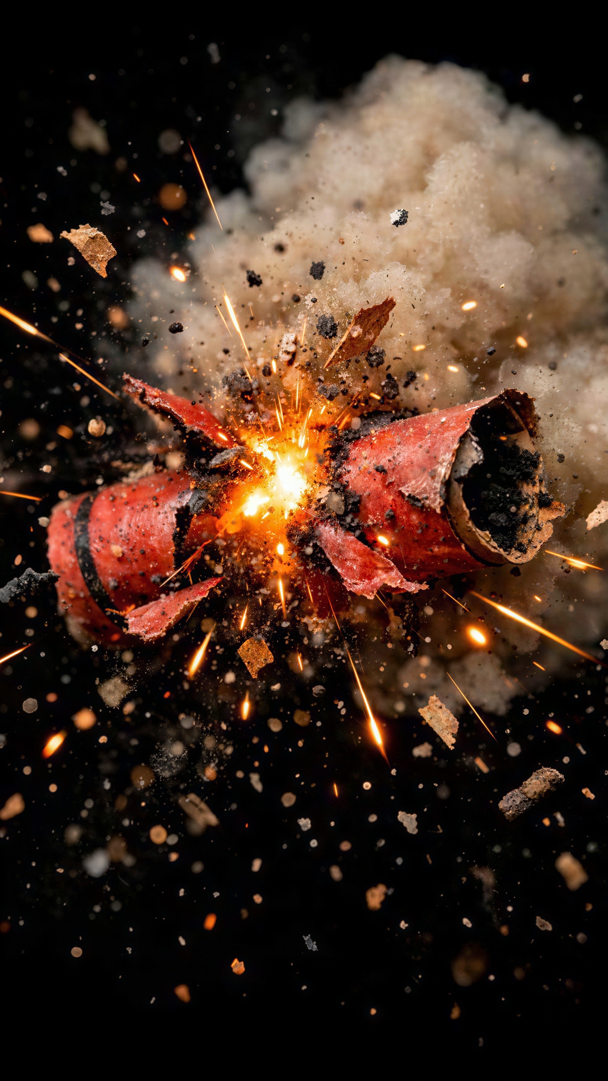 Exploding Red Firecracker with Flames and Debris