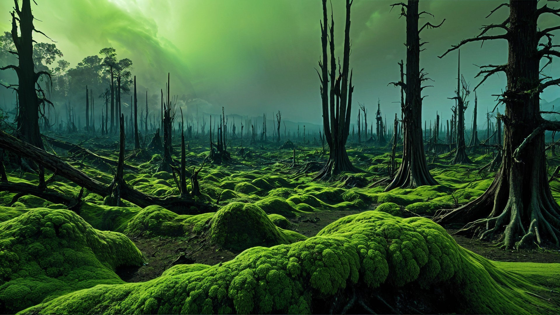 Haunting Landscape with Twisted Trees and Moss
