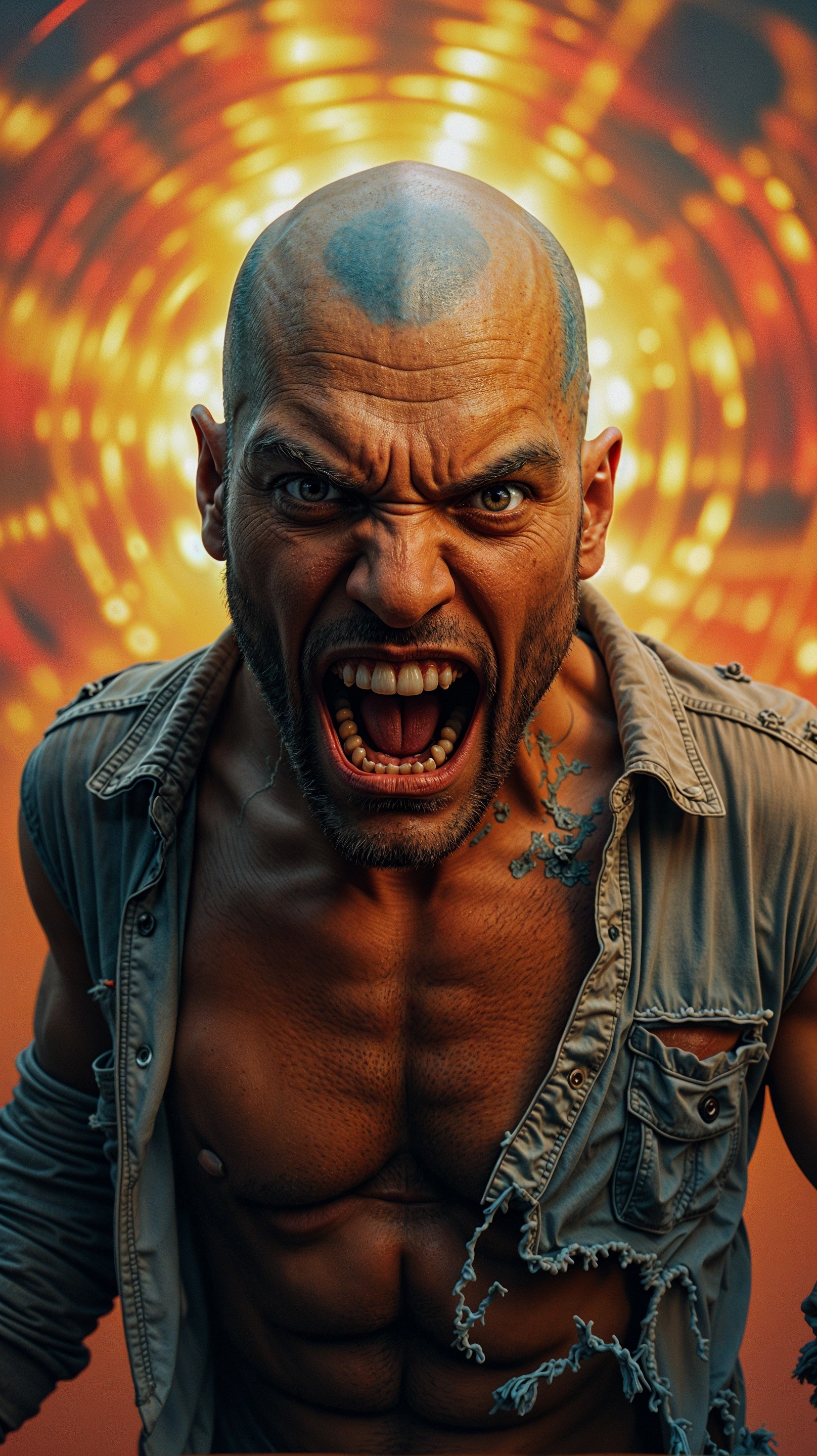 Muscular Man with Tattoos and Vibrant Background