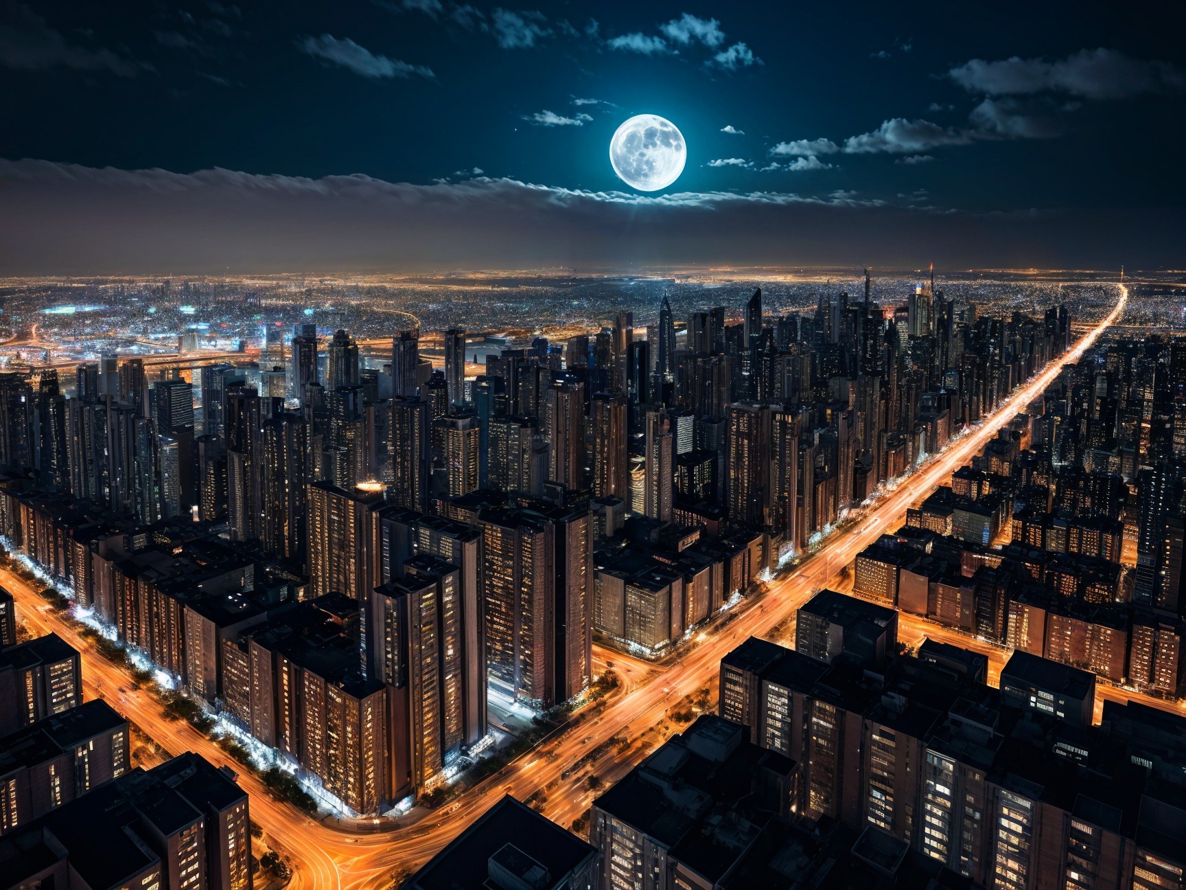 Illuminated Night Cityscape with Skyscrapers and Moon