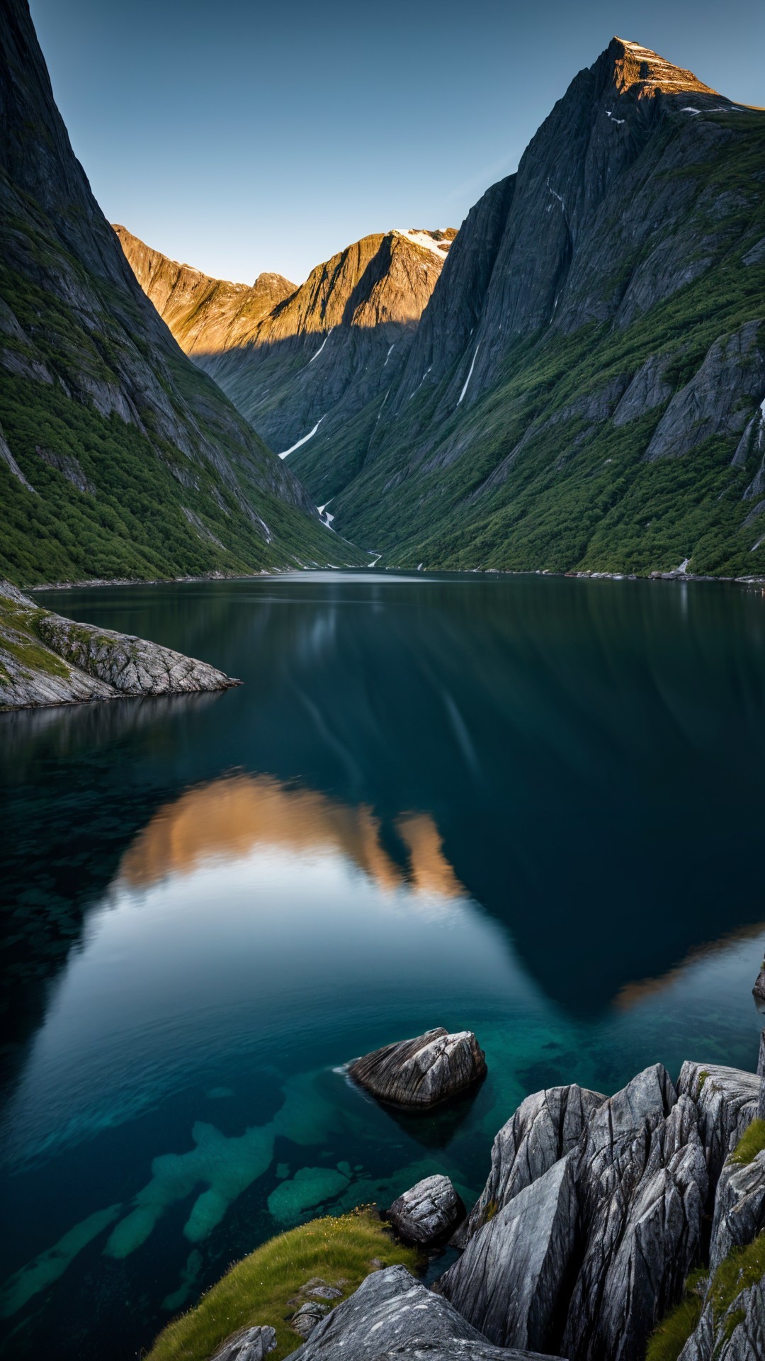 Serene Mountain Valley with Calm Blue Lake at Dusk