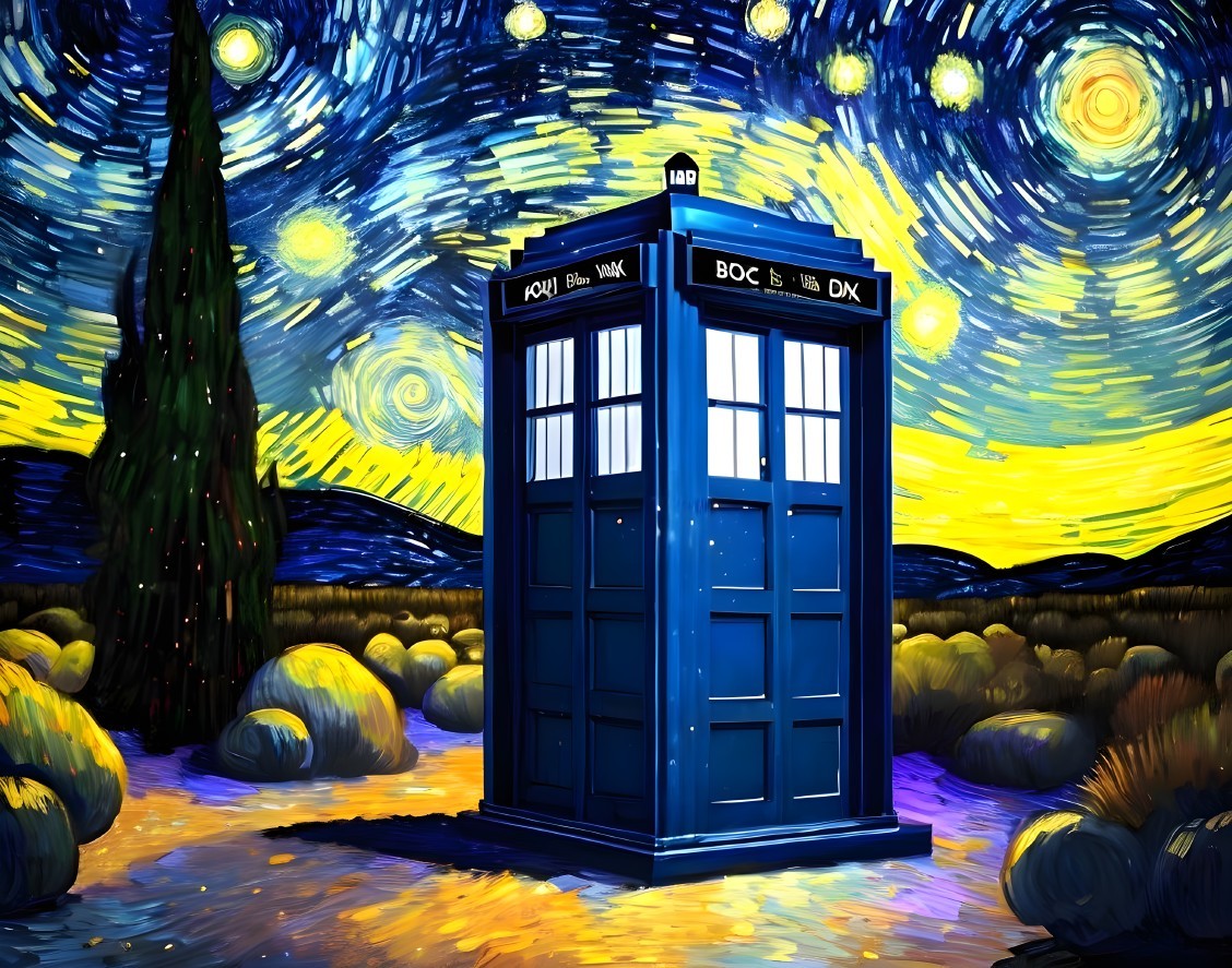 Digital artwork: Starry Night blend with blue police box like TARDIS from Doctor Who